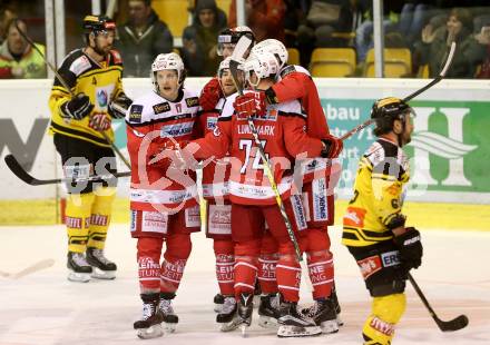 EBEL. Eishockey Bundesliga. KAC gegen 	UPC Vienna Capitals. Torjubel Jamie Lundmark, Manuel Ganahl, Matthew Neal, David Joseph Fischer (KAC). Klagenfurt, am 19.2.2017.
Foto: Kuess

---
pressefotos, pressefotografie, kuess, qs, qspictures, sport, bild, bilder, bilddatenbank