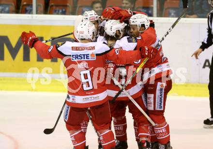 EBEL. Eishockey Bundesliga. KAC gegen 	UPC Vienna Capitals. Torjubel Kevin Kapstad, Mitja Robar, Manuel Ganahl, Matthew Neal (KAC). Klagenfurt, am 19.2.2017.
Foto: Kuess

---
pressefotos, pressefotografie, kuess, qs, qspictures, sport, bild, bilder, bilddatenbank