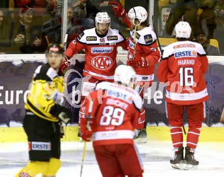 EBEL. Eishockey Bundesliga. KAC gegen 	UPC Vienna Capitals. Torjubel Mitja Robar, Thomas Undertpfund, Patrick Harand, Marco Brucker (KAC). Klagenfurt, am 19.2.2017.
Foto: Kuess

---
pressefotos, pressefotografie, kuess, qs, qspictures, sport, bild, bilder, bilddatenbank