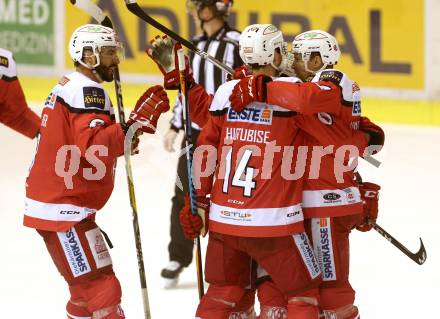 EBEL. Eishockey Bundesliga. KAC gegen 	HC Orli Znojmo. Torjubel Jamie Lundmark, Thomas Koch, Mark Hurturbise, David Joseph Fischer (KAC). Klagenfurt, am 26.2.2017.
Foto: Kuess

---
pressefotos, pressefotografie, kuess, qs, qspictures, sport, bild, bilder, bilddatenbank