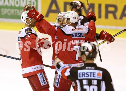 EBEL. Eishockey Bundesliga. KAC gegen 	HC Orli Znojmo. Torjubel Jamie Lundmark, Thomas Koch, Mark Hurturbise (KAC). Klagenfurt, am 26.2.2017.
Foto: Kuess

---
pressefotos, pressefotografie, kuess, qs, qspictures, sport, bild, bilder, bilddatenbank