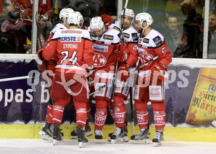 EBEL. Eishockey Bundesliga. KAC gegen 	HC Orli Znojmo. Torjubel Ziga Pance, Marco Richter, Mark Hurturbise, Martin Schumnig, Steven Strong (KAC). Klagenfurt, am 3.3.2017.
Foto: Kuess

---
pressefotos, pressefotografie, kuess, qs, qspictures, sport, bild, bilder, bilddatenbank