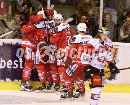 EBEL. Eishockey Bundesliga. KAC gegen 	HC Orli Znojmo.  Torjubel Ziga Pance, Marco Richter, Mark Hurturbise, Martin Schumnig (KAC). Klagenfurt, am 3.3.2017.
Foto: Kuess

---
pressefotos, pressefotografie, kuess, qs, qspictures, sport, bild, bilder, bilddatenbank