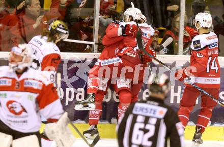 EBEL. Eishockey Bundesliga. KAC gegen 	HC Orli Znojmo.  Torjubel Ziga Pance, Marco Richter, Mark Hurturbise (KAC). Klagenfurt, am 3.3.2017.
Foto: Kuess

---
pressefotos, pressefotografie, kuess, qs, qspictures, sport, bild, bilder, bilddatenbank