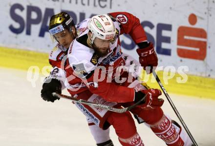 EBEL. Eishockey Bundesliga. KAC gegen 	HC Orli Znojmo. Christoph Duller, (KAC), Adam Hughesman  (Znojmo). Klagenfurt, am 3.3.2017.
Foto: Kuess

---
pressefotos, pressefotografie, kuess, qs, qspictures, sport, bild, bilder, bilddatenbank