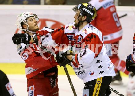 EBEL. Eishockey Bundesliga. KAC gegen 	HC Orli Znojmo. Rauferei Manuel Geier, (KAC),  Jakub Stehlik (Znojmo). Klagenfurt, am 3.3.2017.
Foto: Kuess

---
pressefotos, pressefotografie, kuess, qs, qspictures, sport, bild, bilder, bilddatenbank