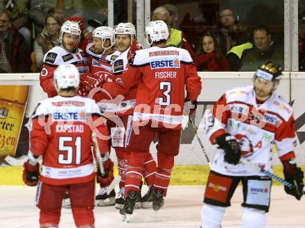 EBEL. Eishockey Bundesliga. KAC gegen 	HC Orli Znojmo. Torjubel Thomas Koch, Stefan Geier, Manuel Geier, David Joseph Fischer, Kevin Kapstad (KAC). Klagenfurt, am 3.3.2017.
Foto: Kuess

---
pressefotos, pressefotografie, kuess, qs, qspictures, sport, bild, bilder, bilddatenbank