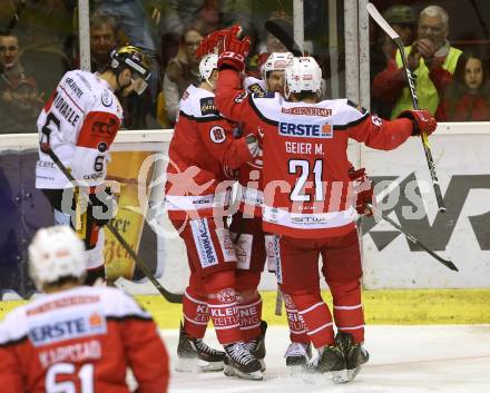 EBEL. Eishockey Bundesliga. KAC gegen 	HC Orli Znojmo. Torjubel Thomas Koch, Stefan Geier, Manuel Geier (KAC). Klagenfurt, am 3.3.2017.
Foto: Kuess

---
pressefotos, pressefotografie, kuess, qs, qspictures, sport, bild, bilder, bilddatenbank