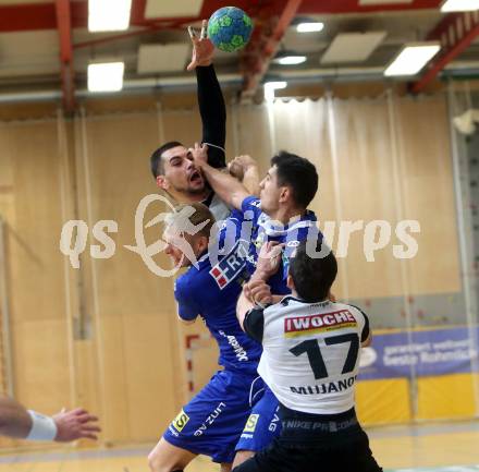 Handball HLA. SC Kelag Ferlach gegen HC Linz AG. Nemanja Malovic, Izudin Mujanovic (Ferlach), Dominik Ascherbauer, Luka Kikanovic (Linz). Ferlach, am 11.3.2017.
Foto: Kuess
---
pressefotos, pressefotografie, kuess, qs, qspictures, sport, bild, bilder, bilddatenbank