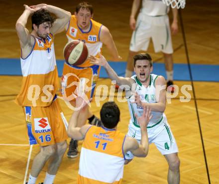 Basketball 2. Bundesliga. GD 21. Runde. KOS Celovec gegen BBU Salzburg.  Ziga Erculj, (KOS Celovec),  Dusan Oluic, Lorenz Rattey, Christian Joch (Salzburg). Klagenfurt, am 18.3.2017.
Foto: Kuess
---
pressefotos, pressefotografie, kuess, qs, qspictures, sport, bild, bilder, bilddatenbank