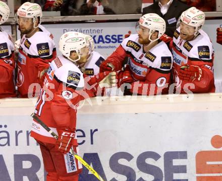 EBEL. Eishockey Bundesliga. KAC gegen 	EC Red Bull Salzburg. Torjubel Manuel Geier, Matthew Neal, Jamie Lundmark (KAC). Klagenfurt, am 21.3.2017.
Foto: Kuess

---
pressefotos, pressefotografie, kuess, qs, qspictures, sport, bild, bilder, bilddatenbank