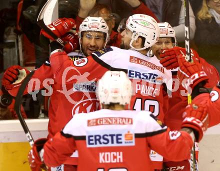 EBEL. Eishockey Bundesliga. KAC gegen 	EC Red Bull Salzburg. Torjubel Mark Hurturbise, Ziga Pance, Jamie Lundmark,  Thomas Koch (KAC). Klagenfurt, am 21.3.2017.
Foto: Kuess

---
pressefotos, pressefotografie, kuess, qs, qspictures, sport, bild, bilder, bilddatenbank