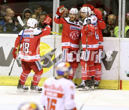 EBEL. Eishockey Bundesliga. KAC gegen 	EC Red Bull Salzburg. Torjubel Manuel Geier, Stefan Geier, Mark Popovic, Thomas Koch (KAC). Klagenfurt, am 21.3.2017.
Foto: Kuess

---
pressefotos, pressefotografie, kuess, qs, qspictures, sport, bild, bilder, bilddatenbank