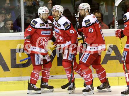 EBEL. Eishockey Bundesliga. KAC gegen 	EC Red Bull Salzburg. Torjubel Mark Hurturbise, Ziga Pance, Thomas Koch (KAC). Klagenfurt, am 21.3.2017.
Foto: Kuess

---
pressefotos, pressefotografie, kuess, qs, qspictures, sport, bild, bilder, bilddatenbank