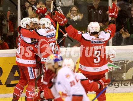 EBEL. Eishockey Bundesliga. KAC gegen 	EC Red Bull Salzburg. Torjubel Mark Hurturbise, Ziga Pance, Jamie Lundmark, David Joseph Fischer (KAC). Klagenfurt, am 21.3.2017.
Foto: Kuess

---
pressefotos, pressefotografie, kuess, qs, qspictures, sport, bild, bilder, bilddatenbank