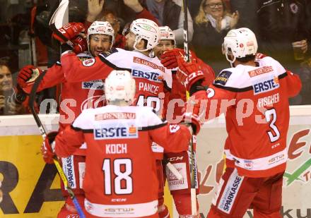 EBEL. Eishockey Bundesliga. KAC gegen 	EC Red Bull Salzburg. Torjubel Mark Hurturbise, Ziga Pance, Jamie Lundmark, David Joseph Fischer, Thomas Koch (KAC). Klagenfurt, am 21.3.2017.
Foto: Kuess

---
pressefotos, pressefotografie, kuess, qs, qspictures, sport, bild, bilder, bilddatenbank