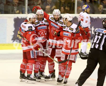 EBEL. Eishockey Bundesliga. KAC gegen 	EC Red Bull Salzburg. Torjubel Matthew Neal, Mark Hurturbise, Christoph Duller, Mark Popovic (KAC). Klagenfurt, am 21.3.2017.
Foto: Kuess

---
pressefotos, pressefotografie, kuess, qs, qspictures, sport, bild, bilder, bilddatenbank