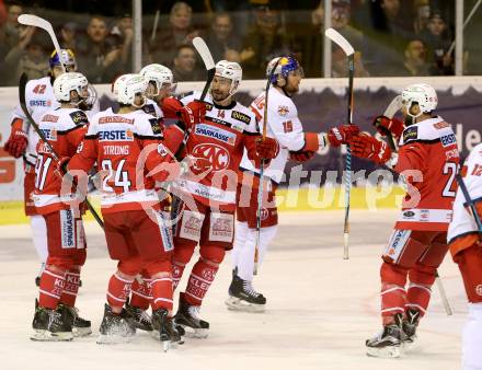 EBEL. Eishockey Bundesliga. KAC gegen 	EC Red Bull Salzburg. Torjubel Mark Hurturbise, Steven Strong, Ziga Pance, Philipp Kreuzer, Martin Schumnig (KAC). Klagenfurt, am 21.3.2017.
Foto: Kuess

---
pressefotos, pressefotografie, kuess, qs, qspictures, sport, bild, bilder, bilddatenbank