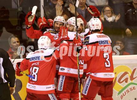 EBEL. Eishockey Bundesliga. KAC gegen 	EC Red Bull Salzburg. Torjubel Mark Hurturbise, Ziga Pance, Jamie Lundmark, David Joseph Fischer, Thomas Koch (KAC). Klagenfurt, am 21.3.2017.
Foto: Kuess

---
pressefotos, pressefotografie, kuess, qs, qspictures, sport, bild, bilder, bilddatenbank