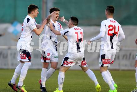 Fussball Kaerntner Liga. SAK gegen ASV. Torjubel Philipp Diex, Hudopisk Luka, Tadej Zagar Knez, Zoran Vukovic (SAK). Klagenfurt, am 24.3.2017.
Foto: Kuess
---
pressefotos, pressefotografie, kuess, qs, qspictures, sport, bild, bilder, bilddatenbank