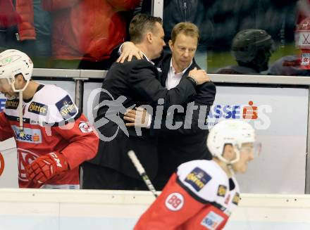 EBEL. Eishockey Bundesliga. KAC gegen 	EC Red Bull Salzburg. Jubel Trainer Mike Pellegrims, Co Trainer Patric Wener (KAC). Klagenfurt, am 26.3.2017.
Foto: Kuess

---
pressefotos, pressefotografie, kuess, qs, qspictures, sport, bild, bilder, bilddatenbank