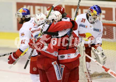 EBEL. Eishockey Bundesliga. KAC gegen 	EC Red Bull Salzburg. Torjubel Manuel Geier, Matthew Neal, Stefan Geier (KAC). Klagenfurt, am 26.3.2017.
Foto: Kuess

---
pressefotos, pressefotografie, kuess, qs, qspictures, sport, bild, bilder, bilddatenbank