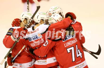 EBEL. Eishockey Bundesliga. KAC gegen 	EC Red Bull Salzburg. Jubel David Joseph Fischer, Jamie Lundmark, Mark Hurturbise, Thomas Koch, Ziga Pance (KAC). Klagenfurt, am 26.3.2017.
Foto: Kuess

---
pressefotos, pressefotografie, kuess, qs, qspictures, sport, bild, bilder, bilddatenbank