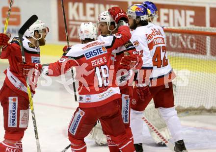 EBEL. Eishockey Bundesliga. KAC gegen 	EC Red Bull Salzburg. Torjubel Manuel Geier, Matthew Neal, Stefan Geier (KAC). Klagenfurt, am 26.3.2017.
Foto: Kuess

---
pressefotos, pressefotografie, kuess, qs, qspictures, sport, bild, bilder, bilddatenbank