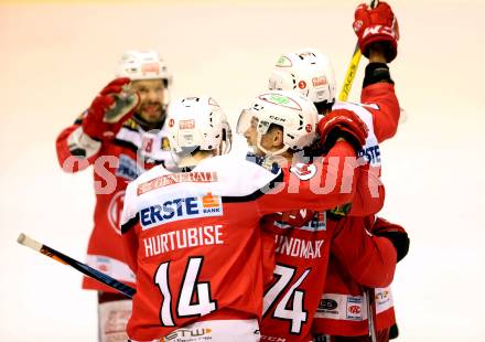 EBEL. Eishockey Bundesliga. KAC gegen 	EC Red Bull Salzburg. Jubel David Joseph Fischer, Jamie Lundmark, Mark Hurturbise, Thomas Koch (KAC). Klagenfurt, am 26.3.2017.
Foto: Kuess

---
pressefotos, pressefotografie, kuess, qs, qspictures, sport, bild, bilder, bilddatenbank