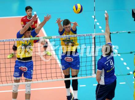 AVL. DenizBank AG Volley League Men. Finale. SK Posojilnica Aich/Dob gegen Hypo Tirol VT. Uros Pavlovic, Anestis Dalakouras (Aich Dob),  Martti Juhkami  (Tirol). Bleiburg, am 6.4.2017.
Foto: Kuess
---
pressefotos, pressefotografie, kuess, qs, qspictures, sport, bild, bilder, bilddatenbank