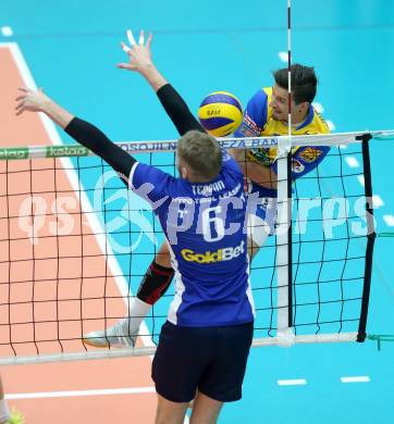 AVL. DenizBank AG Volley League Men. Finale. SK Posojilnica Aich/Dob gegen Hypo Tirol VT. Anton Lukas Menner,  (Aich Dob),  Renee Teppan (Tirol). Bleiburg, am 6.4.2017.
Foto: Kuess
---
pressefotos, pressefotografie, kuess, qs, qspictures, sport, bild, bilder, bilddatenbank