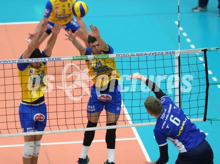 AVL. DenizBank AG Volley League Men. Finale. SK Posojilnica Aich/Dob gegen Hypo Tirol VT. Uros Pavlovic, Anestis Dalakouras (Aich Dob),  Renee Teppan (Tirol). Bleiburg, am 6.4.2017.
Foto: Kuess
---
pressefotos, pressefotografie, kuess, qs, qspictures, sport, bild, bilder, bilddatenbank