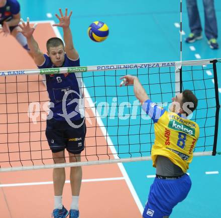 AVL. DenizBank AG Volley League Men. Finale. SK Posojilnica Aich/Dob gegen Hypo Tirol VT. Peter Mlynarcik (Aich Dob),  Martti Juhkami  (Tirol). Bleiburg, am 6.4.2017.
Foto: Kuess
---
pressefotos, pressefotografie, kuess, qs, qspictures, sport, bild, bilder, bilddatenbank