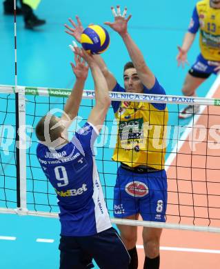 AVL. DenizBank AG Volley League Men. Finale. SK Posojilnica Aich/Dob gegen Hypo Tirol VT. Peter Mlynarcik, (Aich Dob),  Martti Juhkami  (Tirol). Bleiburg, am 6.4.2017.
Foto: Kuess
---
pressefotos, pressefotografie, kuess, qs, qspictures, sport, bild, bilder, bilddatenbank