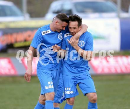 Fussball. Kaerntner Liga. Eberstein gegen ASV. Torjubel Niko Maric, Matthias Dollinger  (ASV). Eberstein, 8.4.2017.
Foto: Kuess
---
pressefotos, pressefotografie, kuess, qs, qspictures, sport, bild, bilder, bilddatenbank