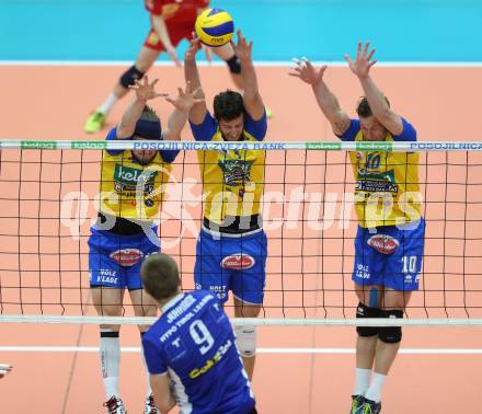 AVL. DenizBank AG Volley League Men. 5. Finalspiel. SK Posojilnica Aich/Dob gegen Hypo Tirol VT. Maximilian Thaller, Uros Pavlicic, Nejc Pusnik (Aich Dob),  Martti Juhkami  (Tirol). Bleiburg, am 23.4.2017.
Foto: Kuess
---
pressefotos, pressefotografie, kuess, qs, qspictures, sport, bild, bilder, bilddatenbank