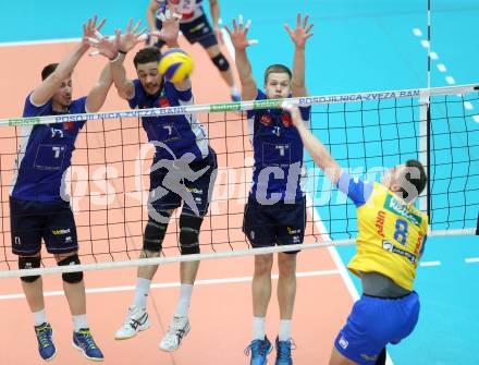 AVL. DenizBank AG Volley League Men. 5. Finalspiel. SK Posojilnica Aich/Dob gegen Hypo Tirol VT. Peter Mlynarcik (Aich Dob),  Murat Yenipazar, Pedro H. Frances, Martti Juhkami  (Tirol). Bleiburg, am 23.4.2017.
Foto: Kuess
---
pressefotos, pressefotografie, kuess, qs, qspictures, sport, bild, bilder, bilddatenbank