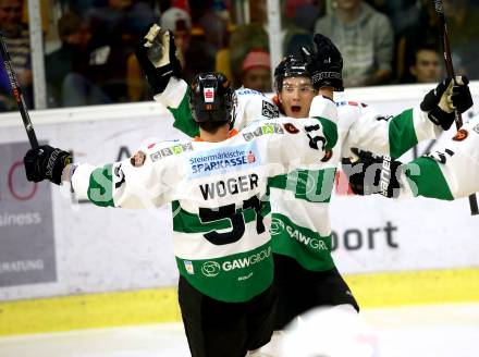 EBEL. Eishockey Bundesliga. KAC gegen Graz 99ers. Torjubel Clemens Unterweger, Daniel Woger (Graz). Klagenfurt, am 08.9.2017.
Foto: Kuess

---
pressefotos, pressefotografie, kuess, qs, qspictures, sport, bild, bilder, bilddatenbank