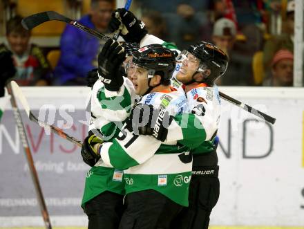 EBEL. Eishockey Bundesliga. KAC gegen Graz 99ers. Torjubel Clemens Unterweger, Daniel Woger, Jonathan Carlsson (Graz). Klagenfurt, am 08.9.2017.
Foto: Kuess

---
pressefotos, pressefotografie, kuess, qs, qspictures, sport, bild, bilder, bilddatenbank