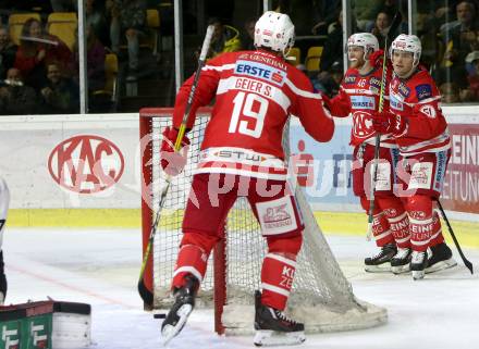 EBEL. Eishockey Bundesliga. KAC gegen 	HC TWK Innsbruck. Torjubel Stefan Geier, Johannes Bischofberger, Kevin Kapstad (KAC). Klagenfurt, am 1.10.2017.
Foto: Kuess

---
pressefotos, pressefotografie, kuess, qs, qspictures, sport, bild, bilder, bilddatenbank