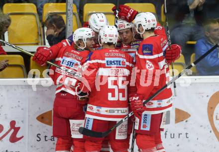 EBEL. Eishockey Bundesliga. KAC gegen 	HC TWK Innsbruck. Torjubel Thomas Hundertpfund, Johannes Bischofberger, Mitja Robar, Marco Brucker, Christoph Duller (KAC). Klagenfurt, am 1.10.2017.
Foto: Kuess

---
pressefotos, pressefotografie, kuess, qs, qspictures, sport, bild, bilder, bilddatenbank