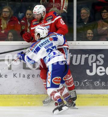 EBEL. Eishockey Bundesliga. KAC gegen 	VSV. Christoph Duller,  (KAC), Christof Kromp (VSV). Klagenfurt, am 29.10.2017.
Foto: Kuess

---
pressefotos, pressefotografie, kuess, qs, qspictures, sport, bild, bilder, bilddatenbank