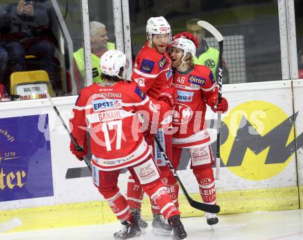 EBEL. Eishockey Bundesliga. KAC gegen  HC Orli Znojmo. Torjubel Johannes Bischofberger, Thomas Hundertpfund, Manuel Ganahl (KAC). Klagenfurt, am 17.12.2017.
Foto: Kuess

---
pressefotos, pressefotografie, kuess, qs, qspictures, sport, bild, bilder, bilddatenbank