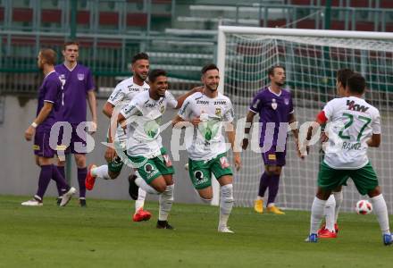 Fussball 2. Liga. SK Austria Klagenfurt gegen SC Austria Lustenau.  Torjubel Marcel Canadi  (Lustenau). Klagenfurt, am 27.7.2018.
Foto: Kuess
---
pressefotos, pressefotografie, kuess, qs, qspictures, sport, bild, bilder, bilddatenbank