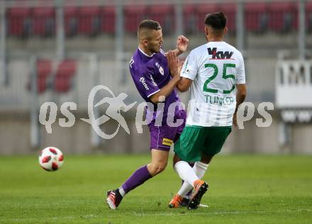 Fussball 2. Liga. SK Austria Klagenfurt gegen SC Austria Lustenau.  Volkan Akyildiz,  (Klagenfurt),  Firat Tuncer (Lustenau). Klagenfurt, am 27.7.2018.
Foto: Kuess
---
pressefotos, pressefotografie, kuess, qs, qspictures, sport, bild, bilder, bilddatenbank