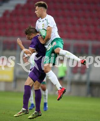 Fussball 2. Liga. SK Austria Klagenfurt gegen SC Austria Lustenau.  Benedikt Pichler,  (Klagenfurt),  Darijo Grujcic (Lustenau). Klagenfurt, am 27.7.2018.
Foto: Kuess
---
pressefotos, pressefotografie, kuess, qs, qspictures, sport, bild, bilder, bilddatenbank