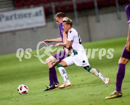 Fussball. 2. Liga. SK Austria Klagenfurt gegen FC Wacker Innsbruck II. Scott Fitzgerald Kennedy (Austria Klagenfurt), Florian Rieder (Innsbruck). Klagenfurt, 17.8.2018.
Foto: Kuess
---
pressefotos, pressefotografie, kuess, qs, qspictures, sport, bild, bilder, bilddatenbank