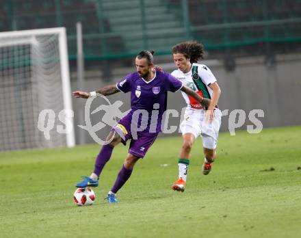 Fussball. 2. Liga. SK Austria Klagenfurt gegen FC Wacker Innsbruck II. Philipp Huetter (Austria Klagenfurt),  Matthaeus Taferner (Innsbruck). Klagenfurt, 17.8.2018.
Foto: Kuess
---
pressefotos, pressefotografie, kuess, qs, qspictures, sport, bild, bilder, bilddatenbank