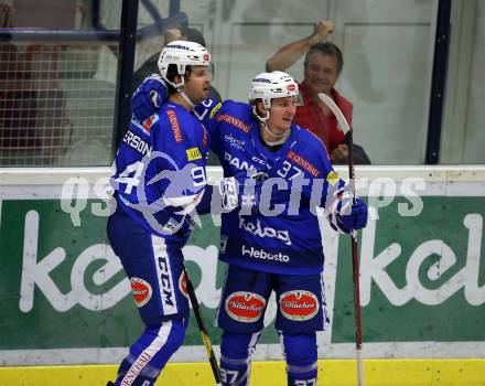 EBEL. Eishockey Bundesliga. EC VSV gegen KHL Medvescak Zagreb. Torjubel Brandon Alderson, Christof Kromp (VSV). Villach, am 1.9.2018.
Foto: Kuess 


---
pressefotos, pressefotografie, kuess, qs, qspictures, sport, bild, bilder, bilddatenbank