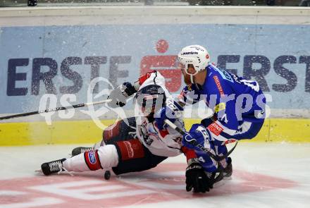 EBEL. Eishockey Bundesliga. EC VSV gegen KHL Medvescak Zagreb. Jamie Fraser,  (VSV), Sebastien Sylvestre (Zagreb). Villach, am 1.9.2018.
Foto: Kuess 


---
pressefotos, pressefotografie, kuess, qs, qspictures, sport, bild, bilder, bilddatenbank